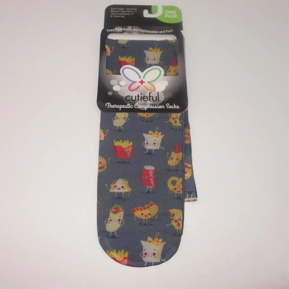 NEW Cutieful Therapeutic Compression Socks Fits Size 5-11 Snacktime Tacos Fries